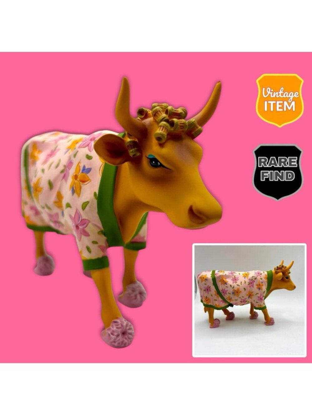 VTG Cow Parade Early Show Cow in Pink Floral Housecoat & Slippers w/Curlers 9129